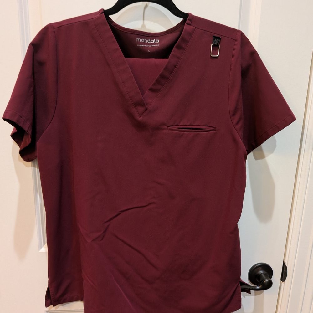 Mandala Burgundy One Pocket Scrub Top And 9 Pocket Drawstring Cargo Pants Set